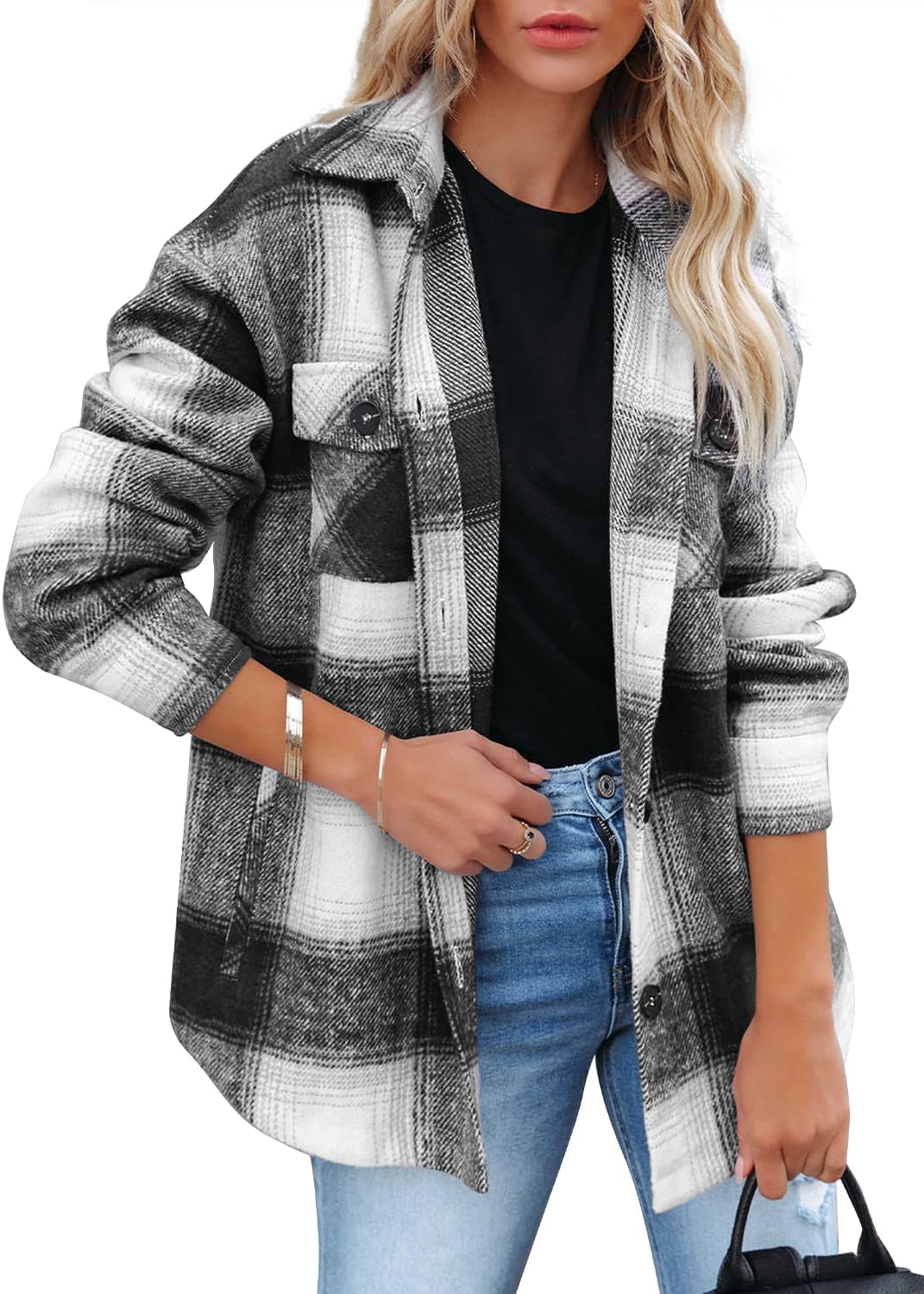 Beaully Women's Flannel Plaid Shacket Long Sleeve Button Down Shirts Jacket Coats with Side Pockets