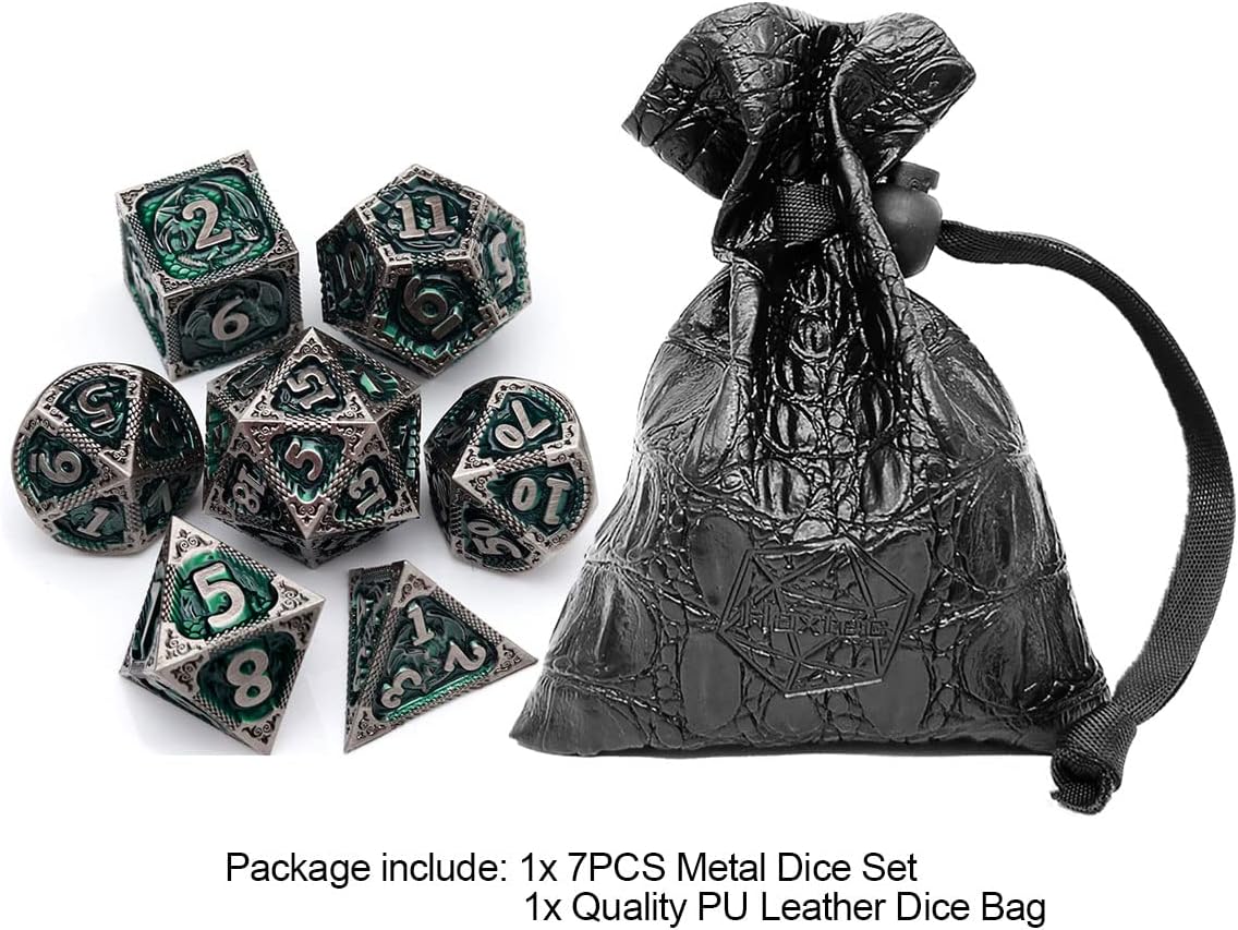 Haxtec Bloodstained Metal DND Dice Set Antique Iron Blood Metal D&D Dice Set Dragon Scale with Leather Dice Bag Bloodsplattered Metal Polyhedral Dice for Dungeons and Dragons TTRPG Gifts