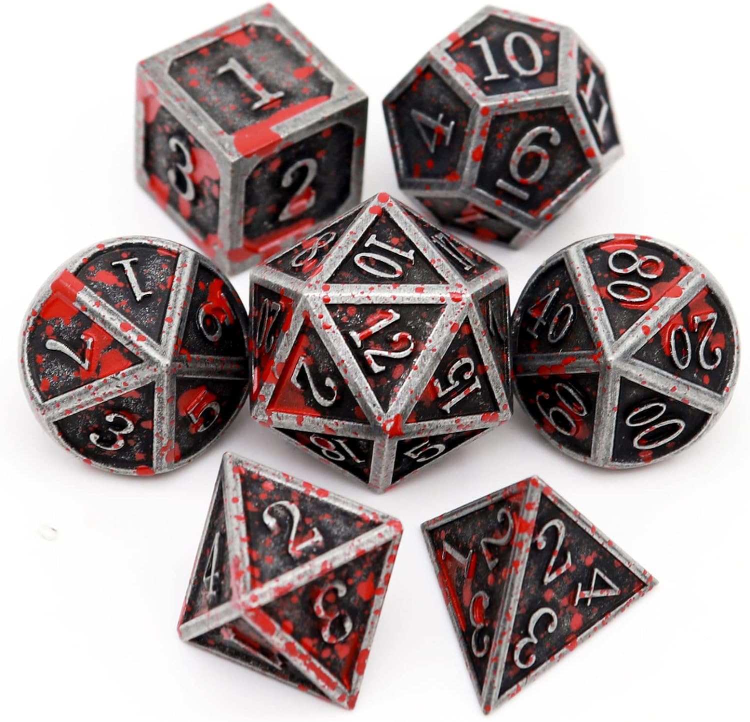 Haxtec Bloodstained Metal DND Dice Set Antique Iron Blood Metal D&D Dice Set Dragon Scale with Leather Dice Bag Bloodsplattered Metal Polyhedral Dice for Dungeons and Dragons TTRPG Gifts