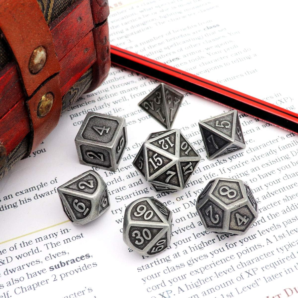 Haxtec Bloodstained Metal DND Dice Set Antique Iron Blood Metal D&D Dice Set Dragon Scale with Leather Dice Bag Bloodsplattered Metal Polyhedral Dice for Dungeons and Dragons TTRPG Gifts