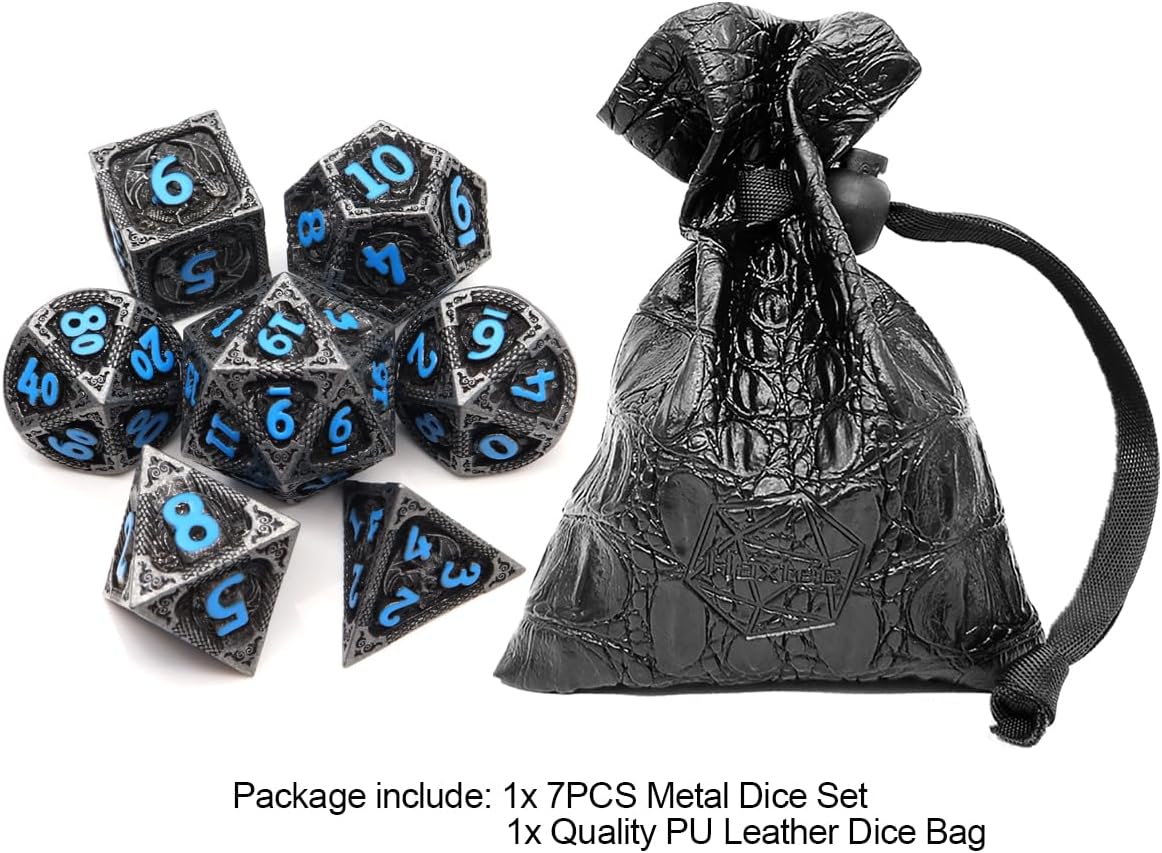 Haxtec Bloodstained Metal DND Dice Set Antique Iron Blood Metal D&D Dice Set Dragon Scale with Leather Dice Bag Bloodsplattered Metal Polyhedral Dice for Dungeons and Dragons TTRPG Gifts