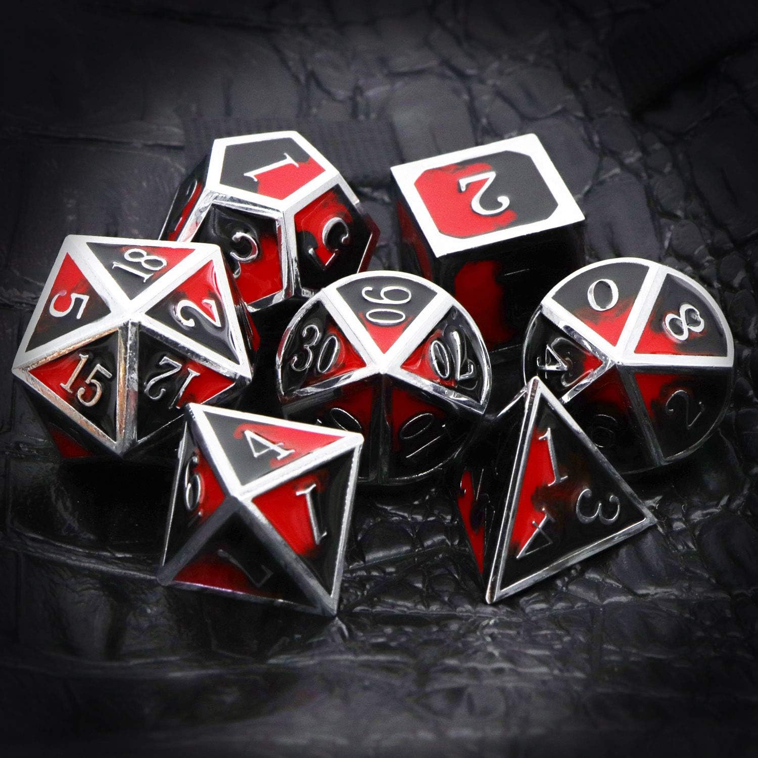 Haxtec Bloodstained Metal DND Dice Set Antique Iron Blood Metal D&D Dice Set Dragon Scale with Leather Dice Bag Bloodsplattered Metal Polyhedral Dice for Dungeons and Dragons TTRPG Gifts