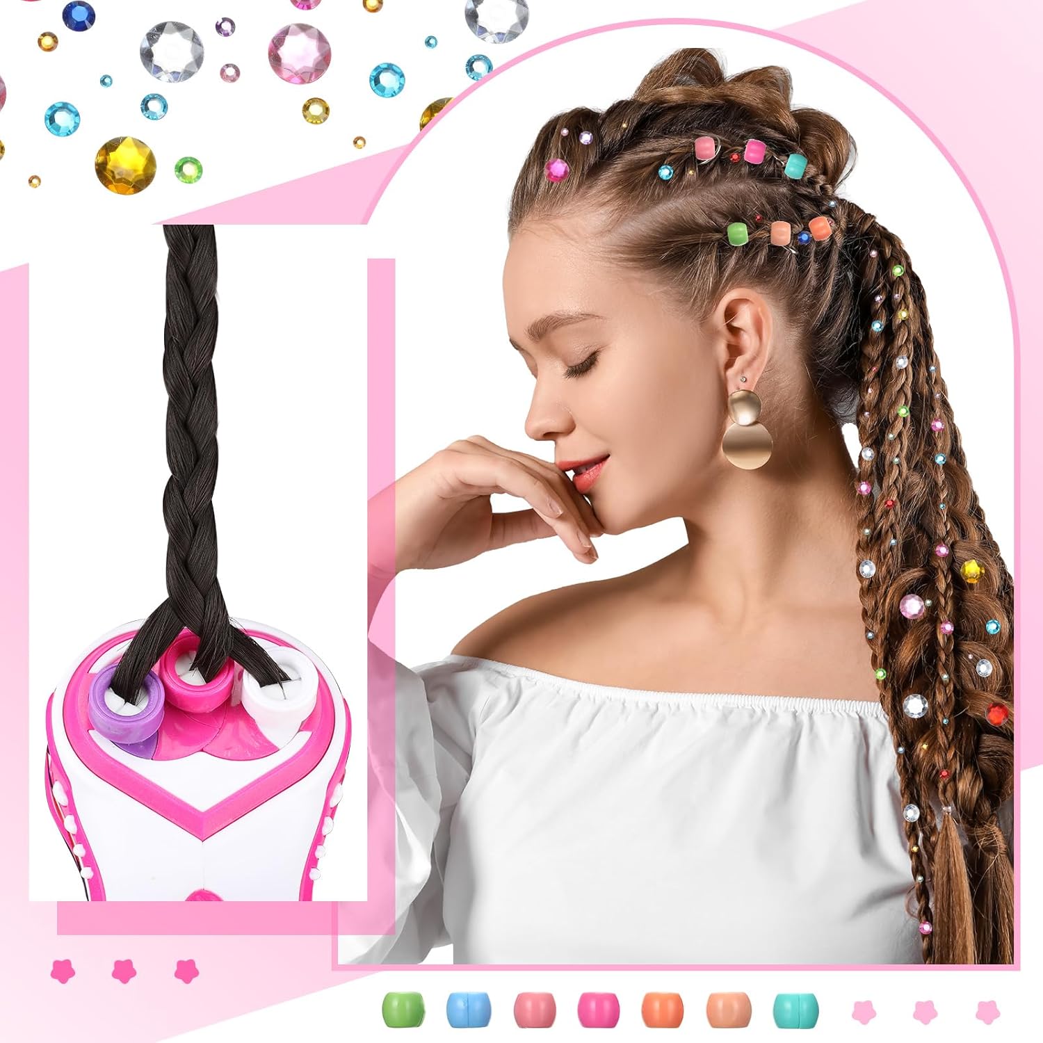 Lasnten Automatic Braider Machine Electric Hair Braider Toy with Self Adhesive Hair Gems and Jewelry Beads Hair Styling Tool Accessories for DIY Headdress