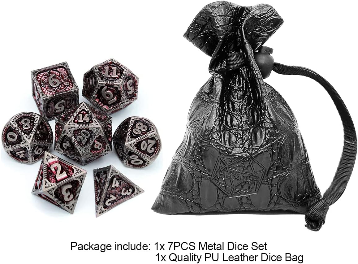 Haxtec Bloodstained Metal DND Dice Set Antique Iron Blood Metal D&D Dice Set Dragon Scale with Leather Dice Bag Bloodsplattered Metal Polyhedral Dice for Dungeons and Dragons TTRPG Gifts