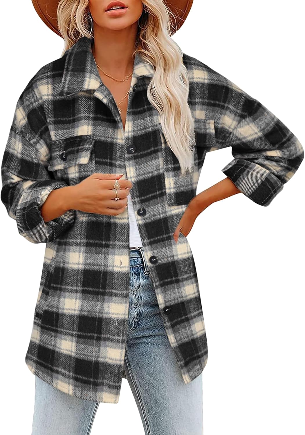 Beaully Women's Flannel Plaid Shacket Long Sleeve Button Down Shirts Jacket Coats with Side Pockets