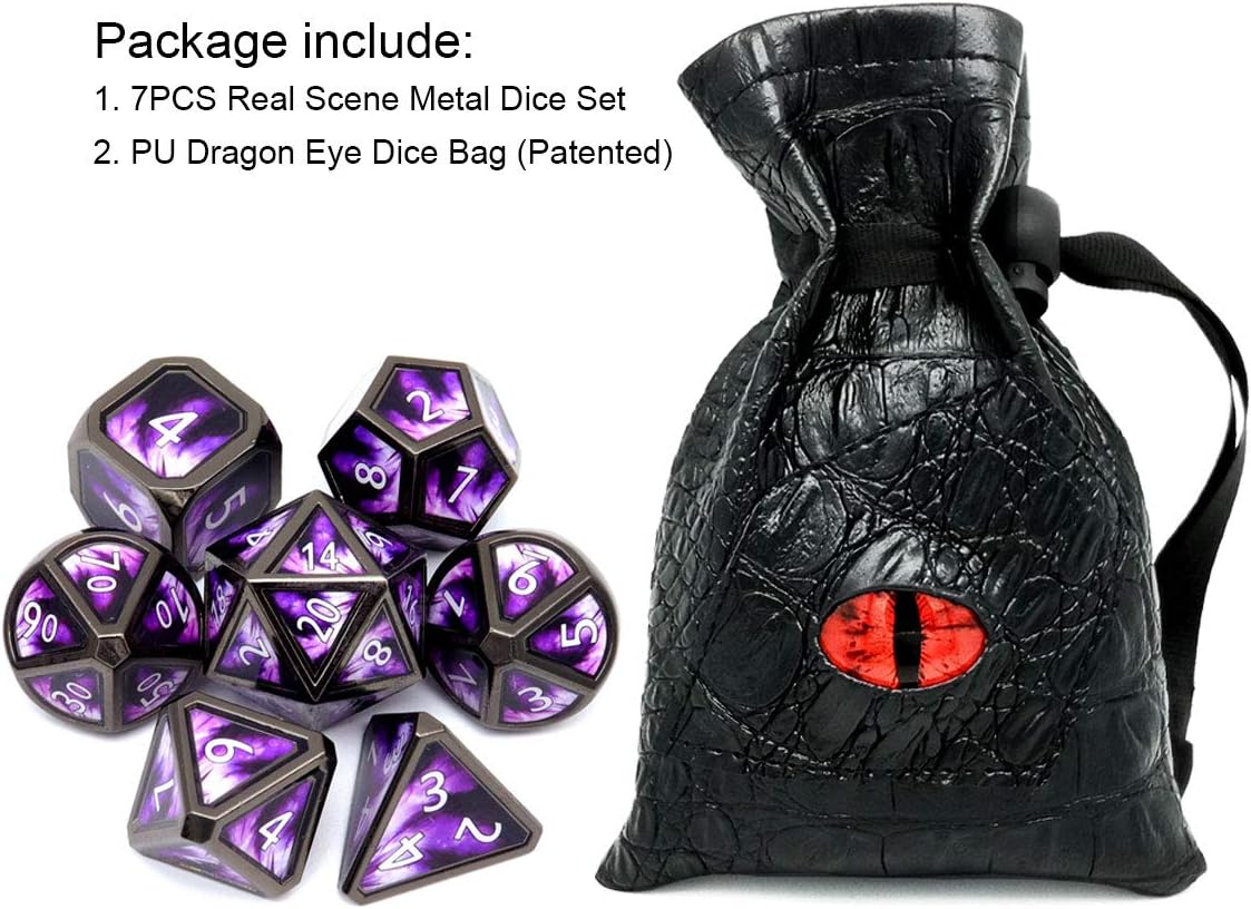 Haxtec Bloodstained Metal DND Dice Set Antique Iron Blood Metal D&D Dice Set Dragon Scale with Leather Dice Bag Bloodsplattered Metal Polyhedral Dice for Dungeons and Dragons TTRPG Gifts
