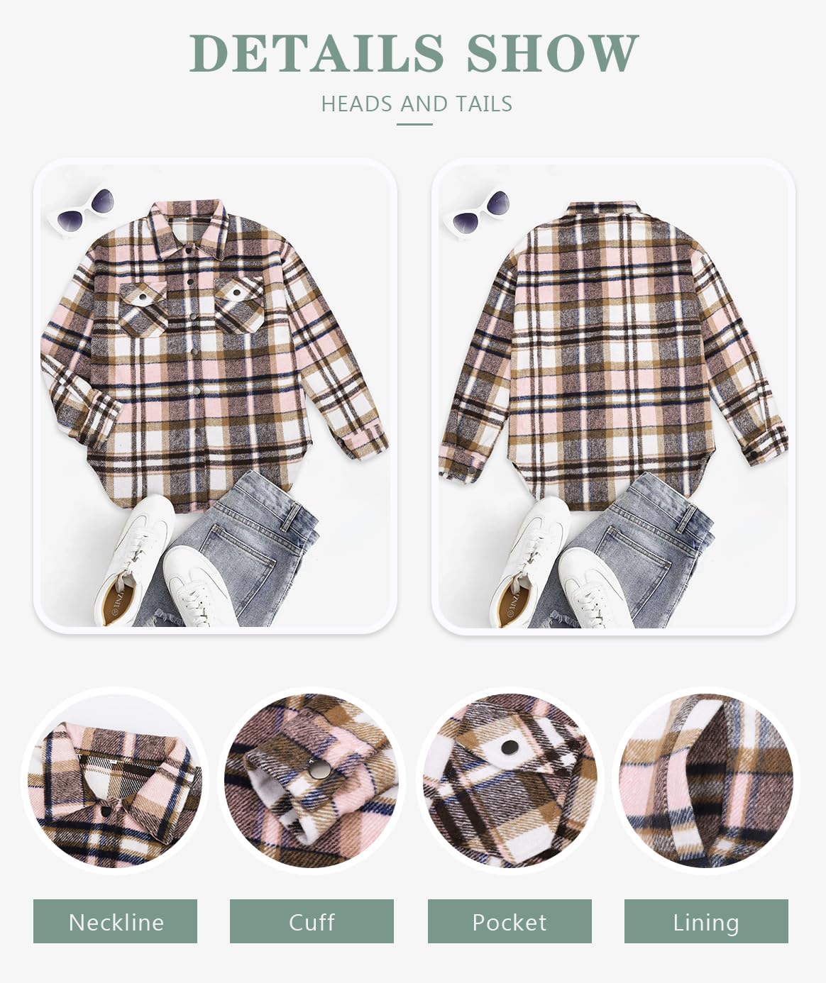 Beaully Women's Flannel Plaid Shacket Long Sleeve Button Down Shirts Jacket Coats with Side Pockets