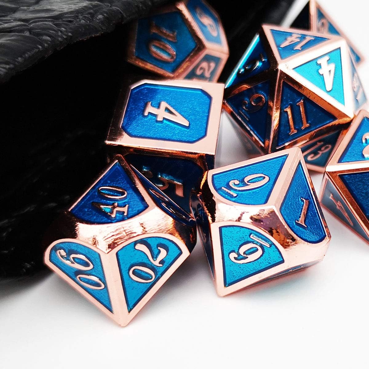 Haxtec Bloodstained Metal DND Dice Set Antique Iron Blood Metal D&D Dice Set Dragon Scale with Leather Dice Bag Bloodsplattered Metal Polyhedral Dice for Dungeons and Dragons TTRPG Gifts