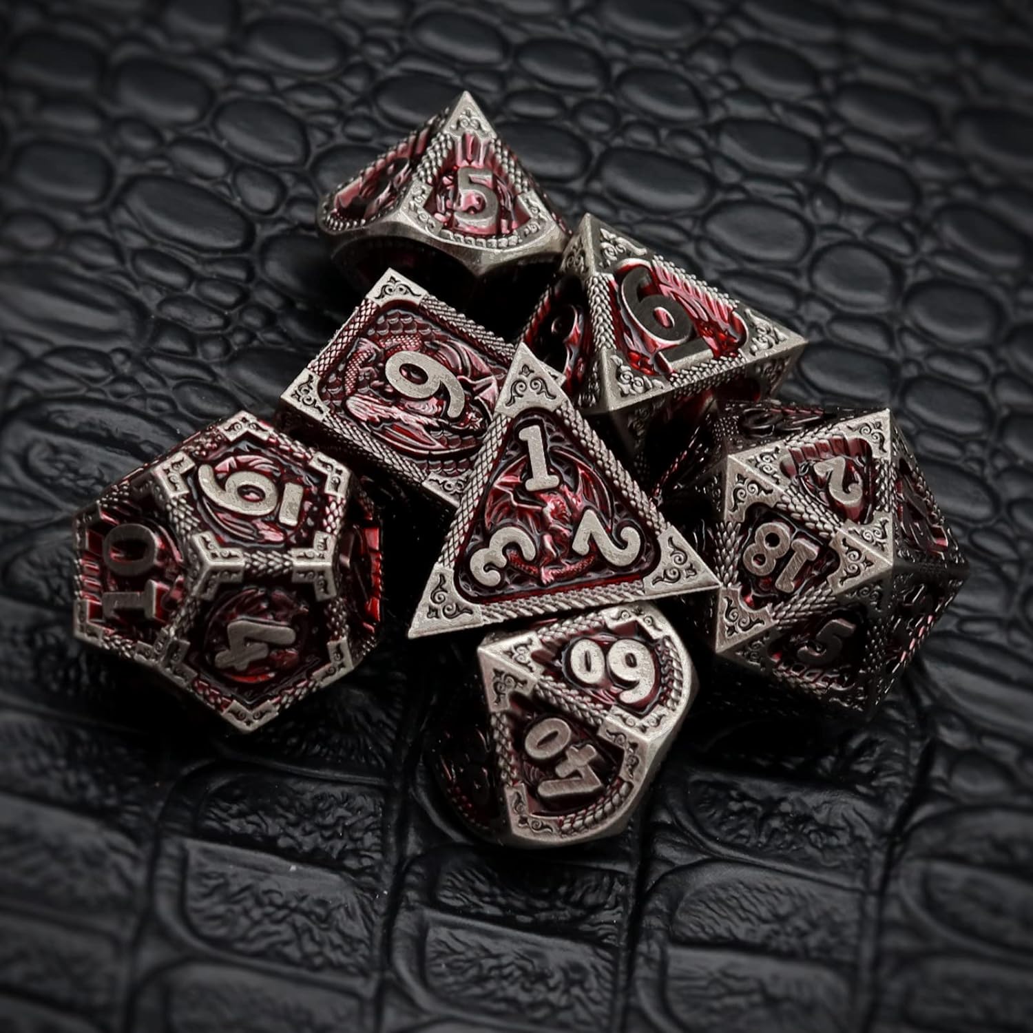Haxtec Bloodstained Metal DND Dice Set Antique Iron Blood Metal D&D Dice Set Dragon Scale with Leather Dice Bag Bloodsplattered Metal Polyhedral Dice for Dungeons and Dragons TTRPG Gifts