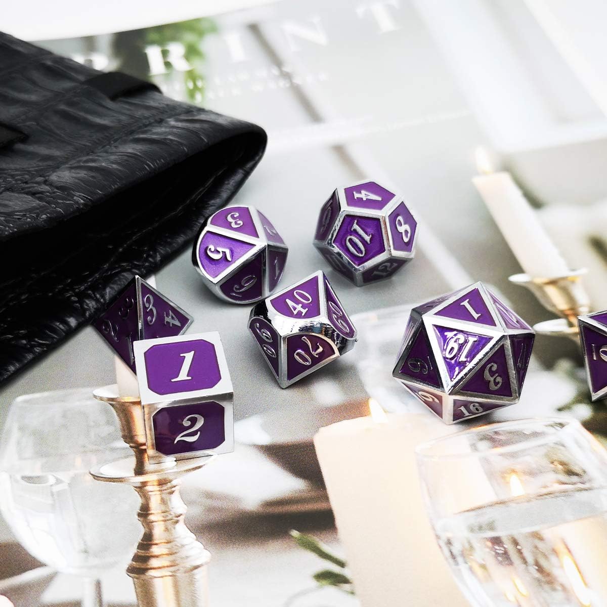 Haxtec Bloodstained Metal DND Dice Set Antique Iron Blood Metal D&D Dice Set Dragon Scale with Leather Dice Bag Bloodsplattered Metal Polyhedral Dice for Dungeons and Dragons TTRPG Gifts