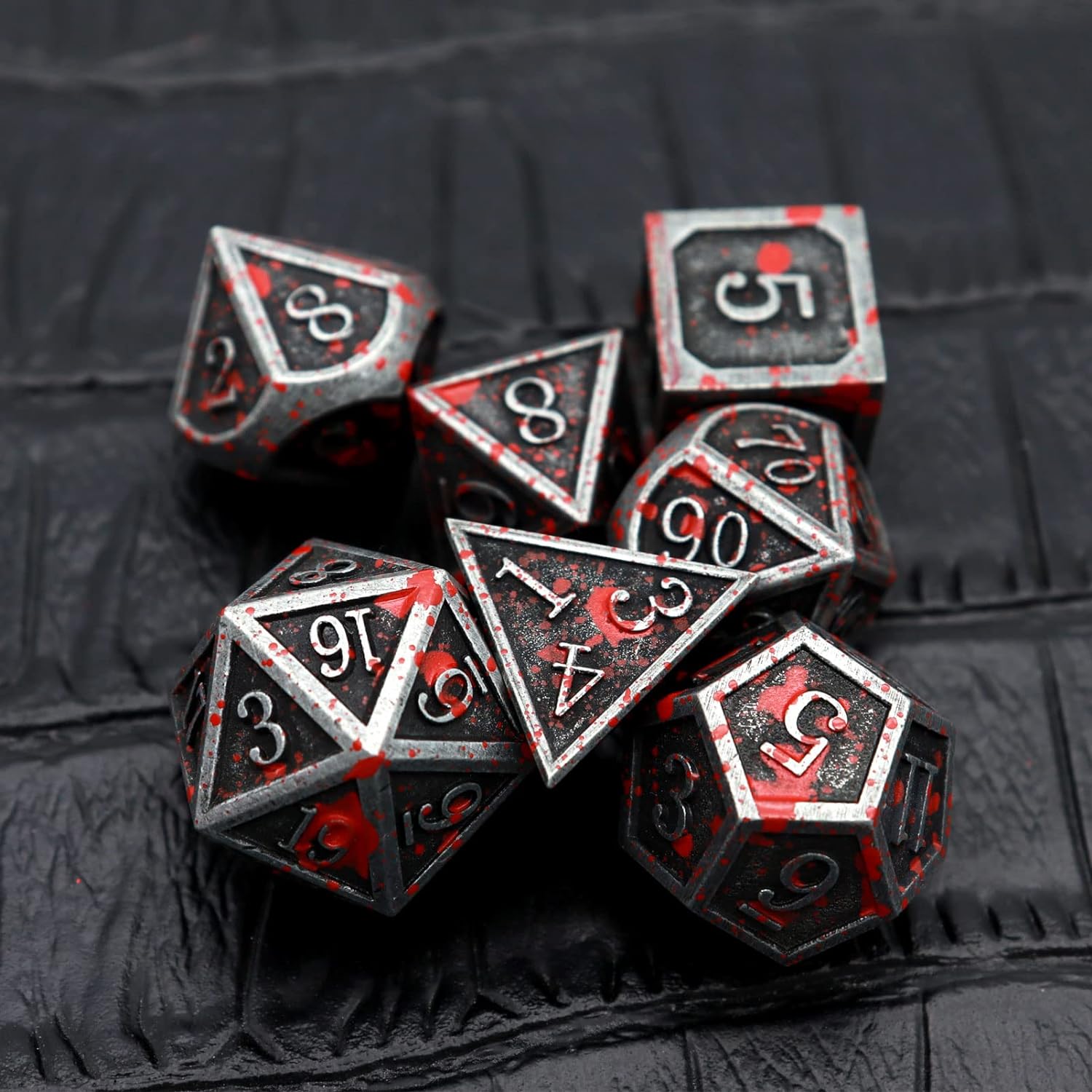 Haxtec Bloodstained Metal DND Dice Set Antique Iron Blood Metal D&D Dice Set Dragon Scale with Leather Dice Bag Bloodsplattered Metal Polyhedral Dice for Dungeons and Dragons TTRPG Gifts