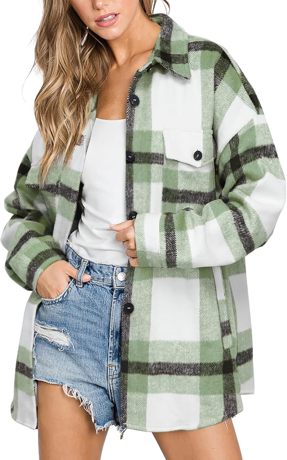 Beaully Women's Flannel Plaid Shacket Long Sleeve Button Down Shirts Jacket Coats with Side Pockets