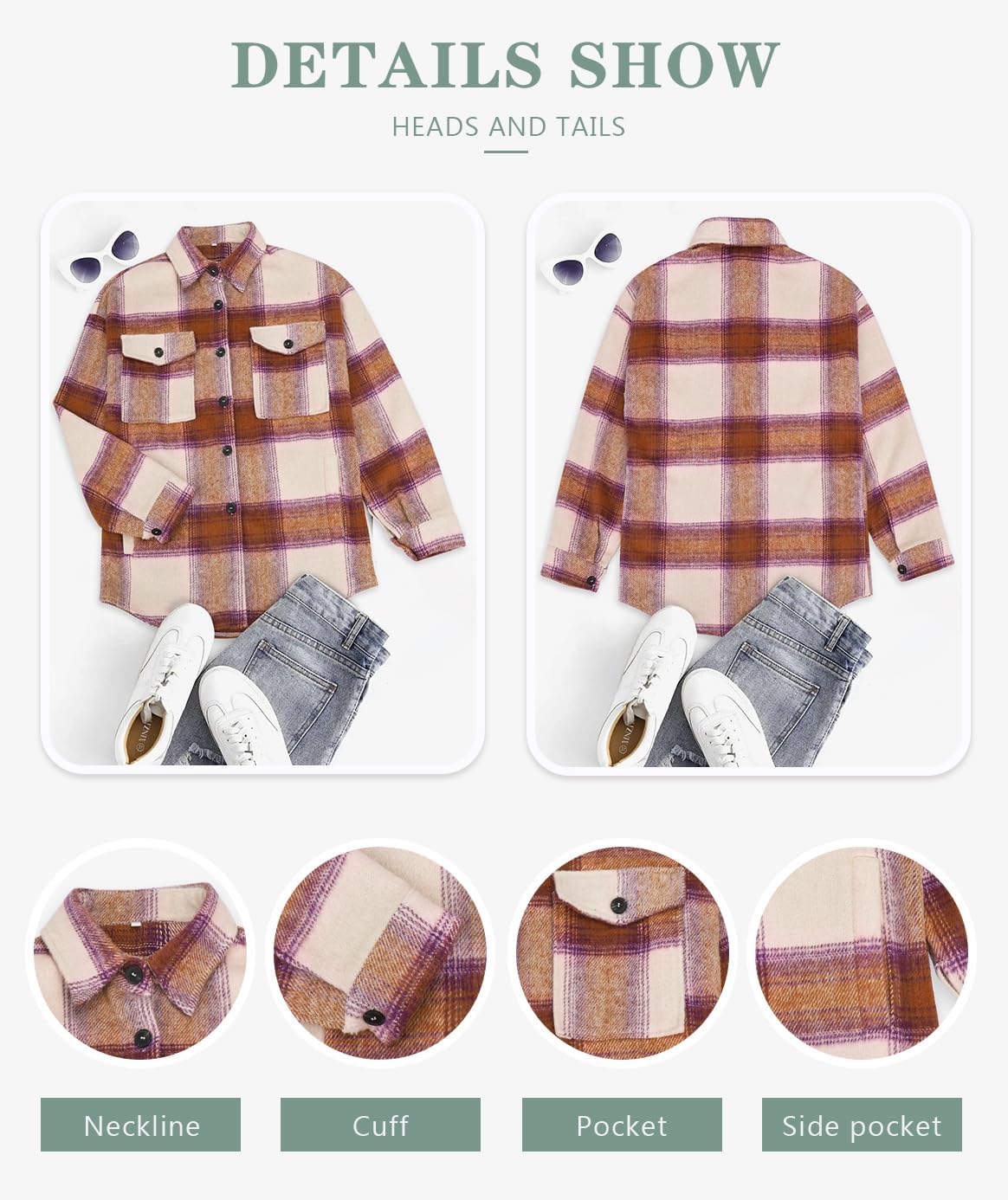 Beaully Women's Flannel Plaid Shacket Long Sleeve Button Down Shirts Jacket Coats with Side Pockets