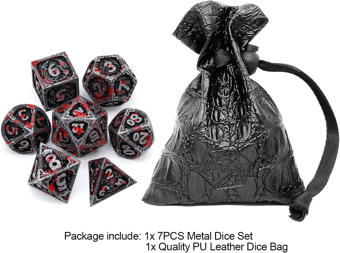 Haxtec Bloodstained Metal DND Dice Set Antique Iron Blood Metal D&D Dice Set Dragon Scale with Leather Dice Bag Bloodsplattered Metal Polyhedral Dice for Dungeons and Dragons TTRPG Gifts