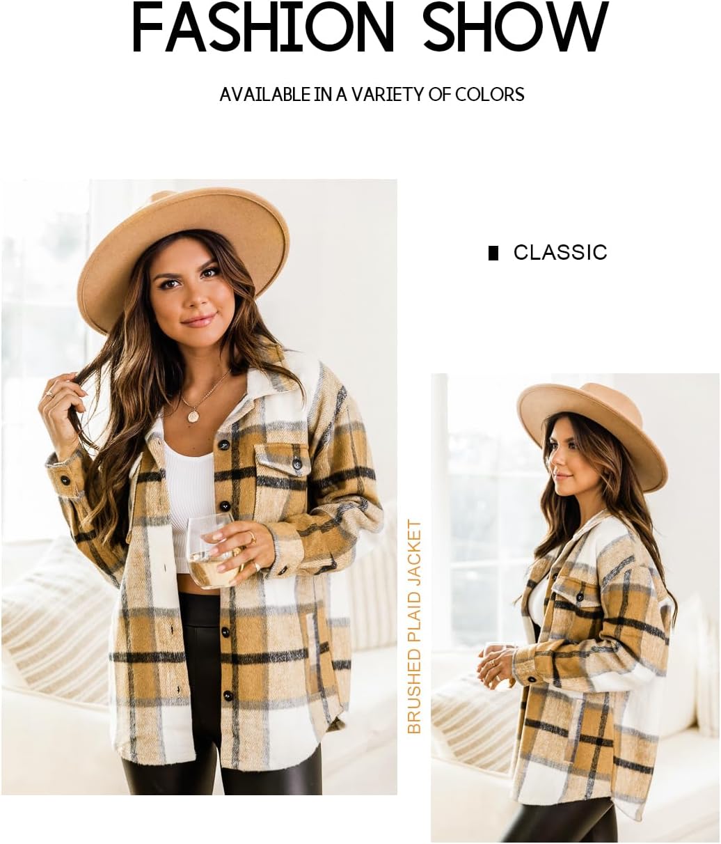 Beaully Women's Flannel Plaid Shacket Long Sleeve Button Down Shirts Jacket Coats with Side Pockets