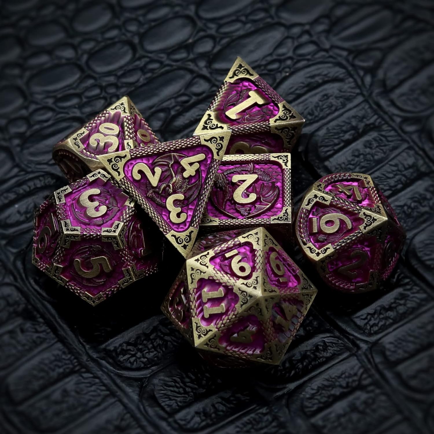 Haxtec Bloodstained Metal DND Dice Set Antique Iron Blood Metal D&D Dice Set Dragon Scale with Leather Dice Bag Bloodsplattered Metal Polyhedral Dice for Dungeons and Dragons TTRPG Gifts