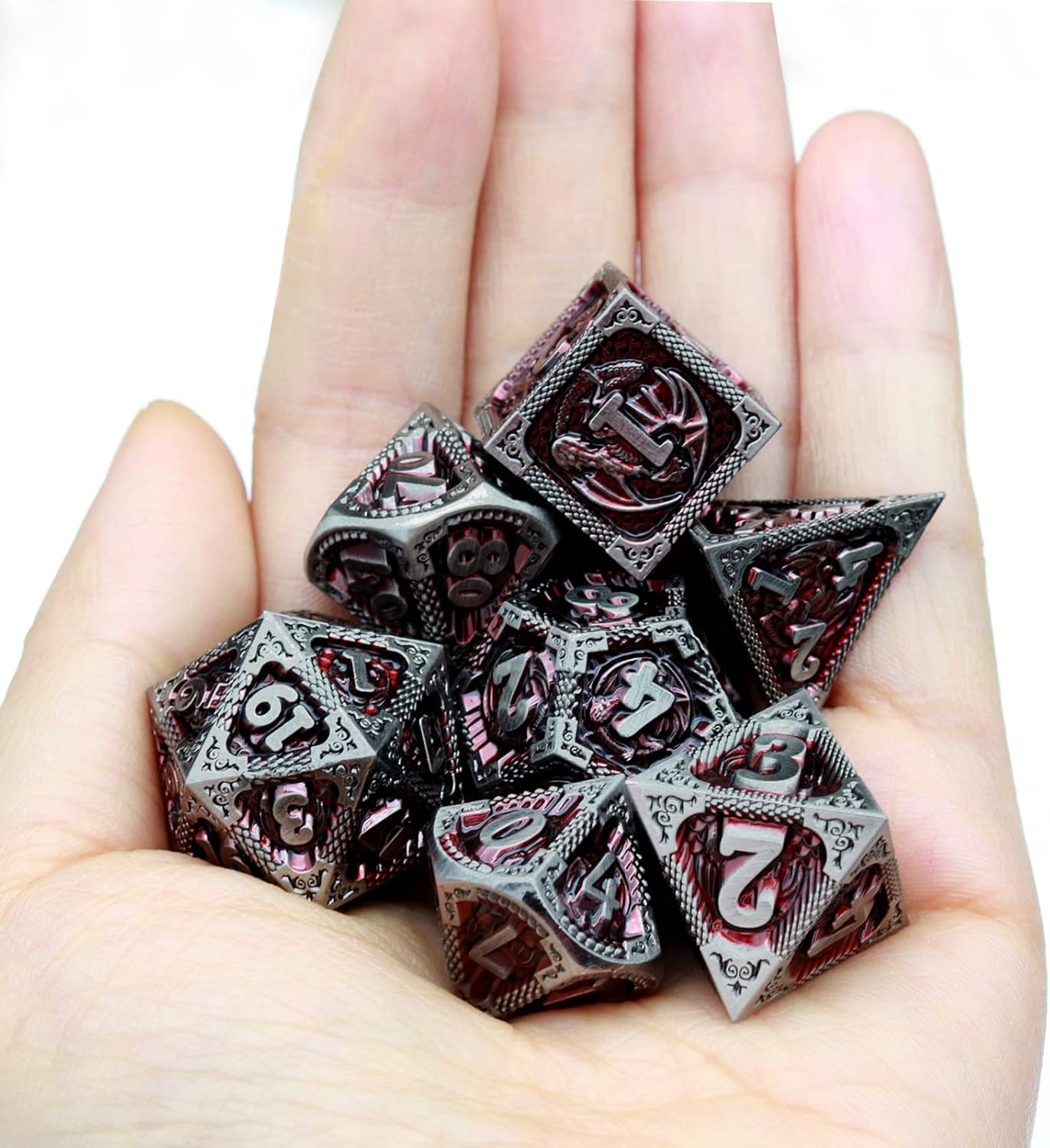 Haxtec Bloodstained Metal DND Dice Set Antique Iron Blood Metal D&D Dice Set Dragon Scale with Leather Dice Bag Bloodsplattered Metal Polyhedral Dice for Dungeons and Dragons TTRPG Gifts