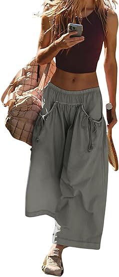 Women's Loose Wide Leg Track Pants Drawstring Pockets Elastic Waist Capri Hiking Pants