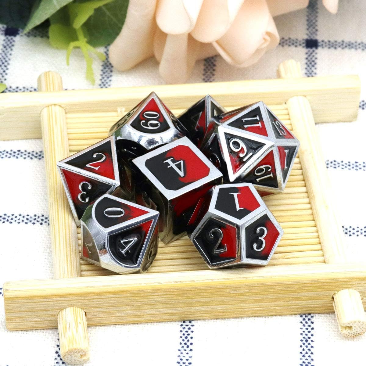 Haxtec Bloodstained Metal DND Dice Set Antique Iron Blood Metal D&D Dice Set Dragon Scale with Leather Dice Bag Bloodsplattered Metal Polyhedral Dice for Dungeons and Dragons TTRPG Gifts