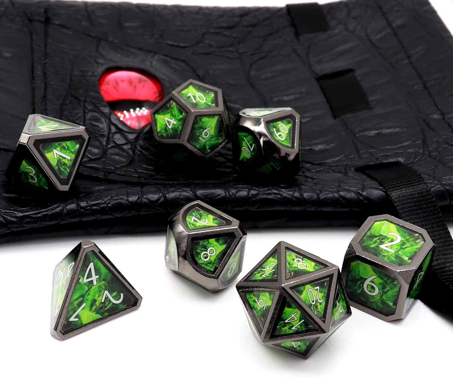 Haxtec Bloodstained Metal DND Dice Set Antique Iron Blood Metal D&D Dice Set Dragon Scale with Leather Dice Bag Bloodsplattered Metal Polyhedral Dice for Dungeons and Dragons TTRPG Gifts