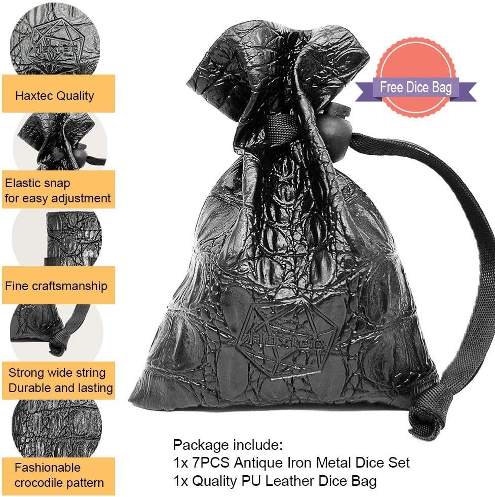 Haxtec Bloodstained Metal DND Dice Set Antique Iron Blood Metal D&D Dice Set Dragon Scale with Leather Dice Bag Bloodsplattered Metal Polyhedral Dice for Dungeons and Dragons TTRPG Gifts