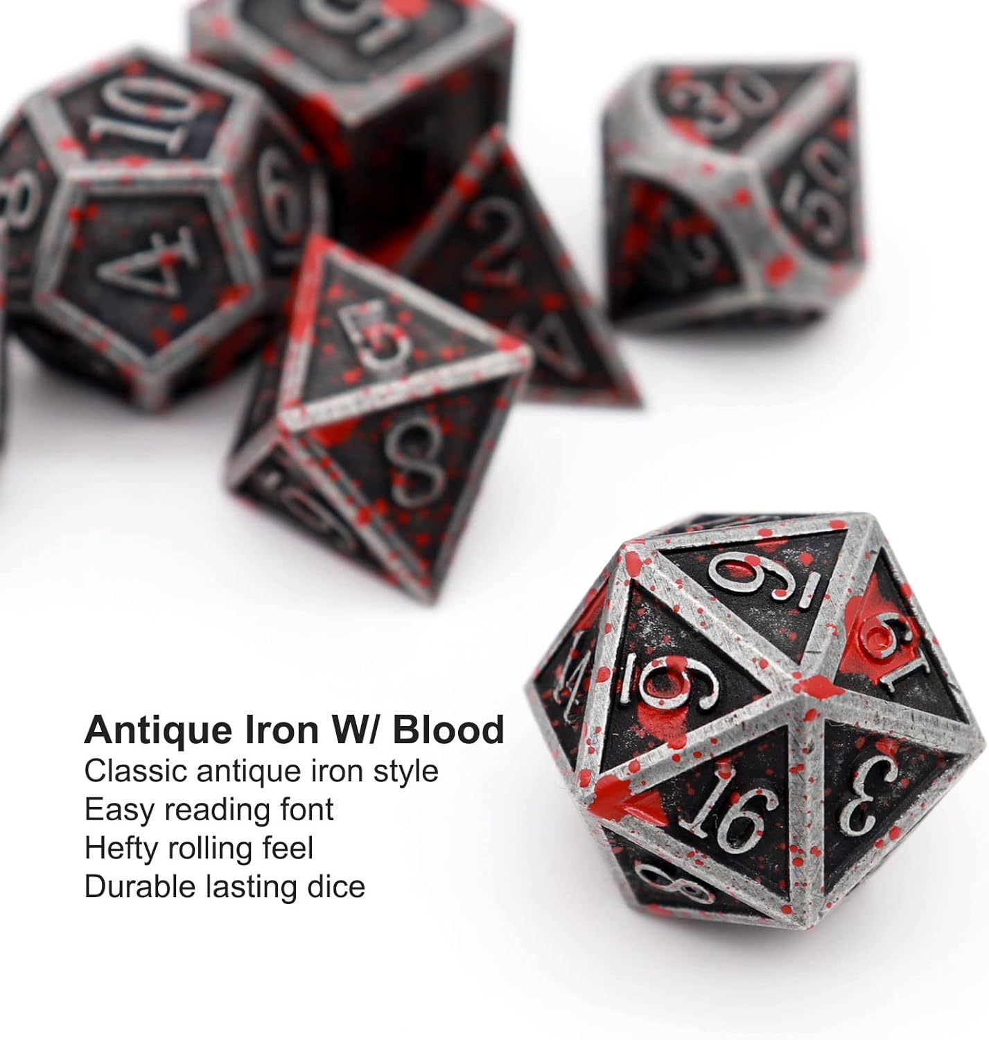 Haxtec Bloodstained Metal DND Dice Set Antique Iron Blood Metal D&D Dice Set Dragon Scale with Leather Dice Bag Bloodsplattered Metal Polyhedral Dice for Dungeons and Dragons TTRPG Gifts