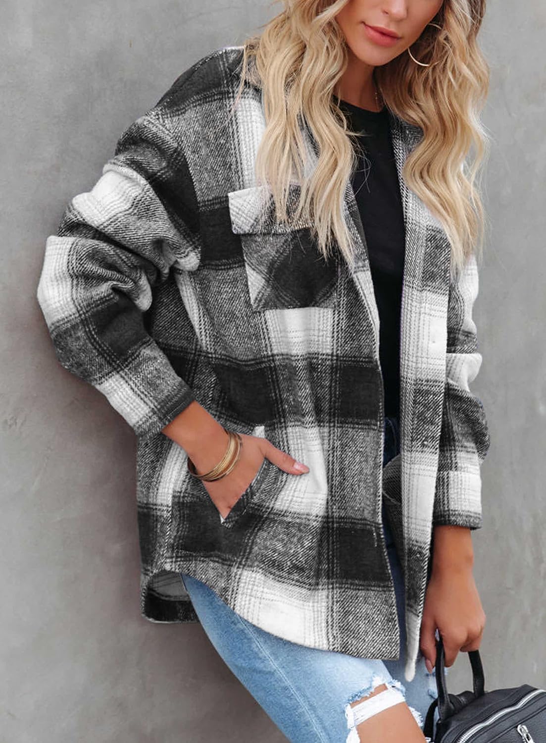 Beaully Women's Flannel Plaid Shacket Long Sleeve Button Down Shirts Jacket Coats with Side Pockets