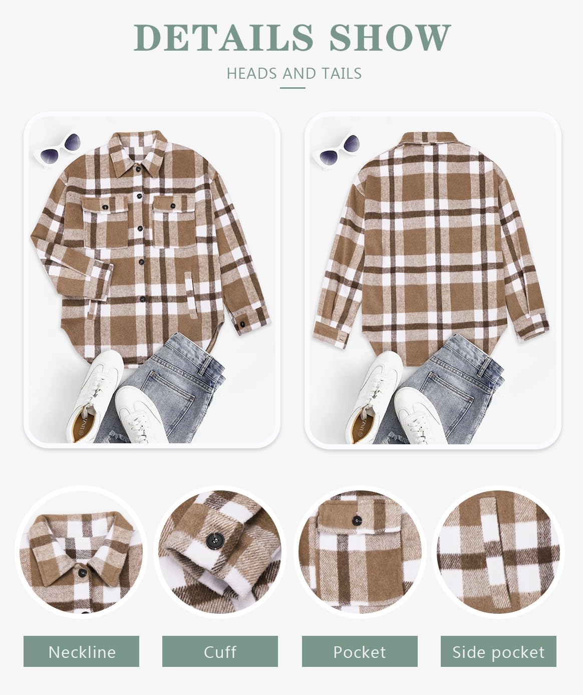 Beaully Women's Flannel Plaid Shacket Long Sleeve Button Down Shirts Jacket Coats with Side Pockets