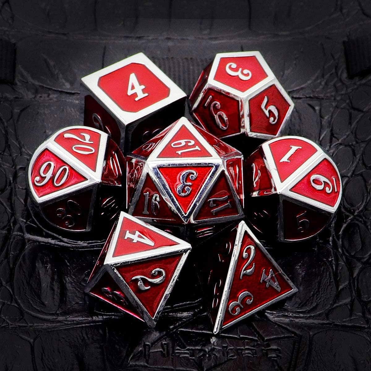 Haxtec Bloodstained Metal DND Dice Set Antique Iron Blood Metal D&D Dice Set Dragon Scale with Leather Dice Bag Bloodsplattered Metal Polyhedral Dice for Dungeons and Dragons TTRPG Gifts