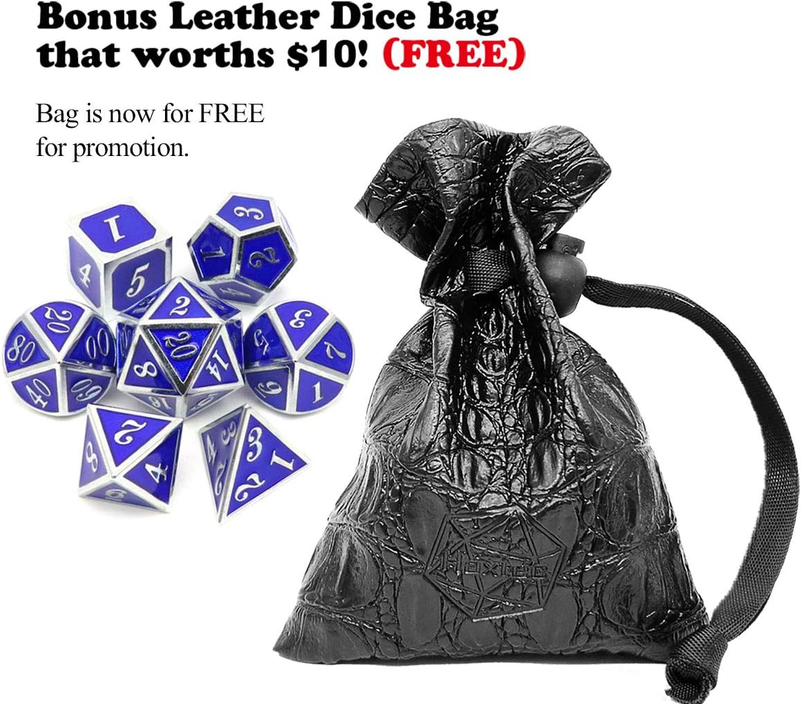Haxtec Bloodstained Metal DND Dice Set Antique Iron Blood Metal D&D Dice Set Dragon Scale with Leather Dice Bag Bloodsplattered Metal Polyhedral Dice for Dungeons and Dragons TTRPG Gifts