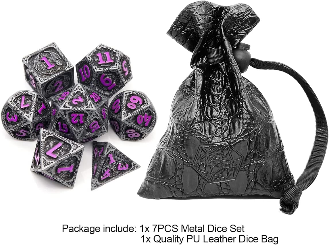 Haxtec Bloodstained Metal DND Dice Set Antique Iron Blood Metal D&D Dice Set Dragon Scale with Leather Dice Bag Bloodsplattered Metal Polyhedral Dice for Dungeons and Dragons TTRPG Gifts