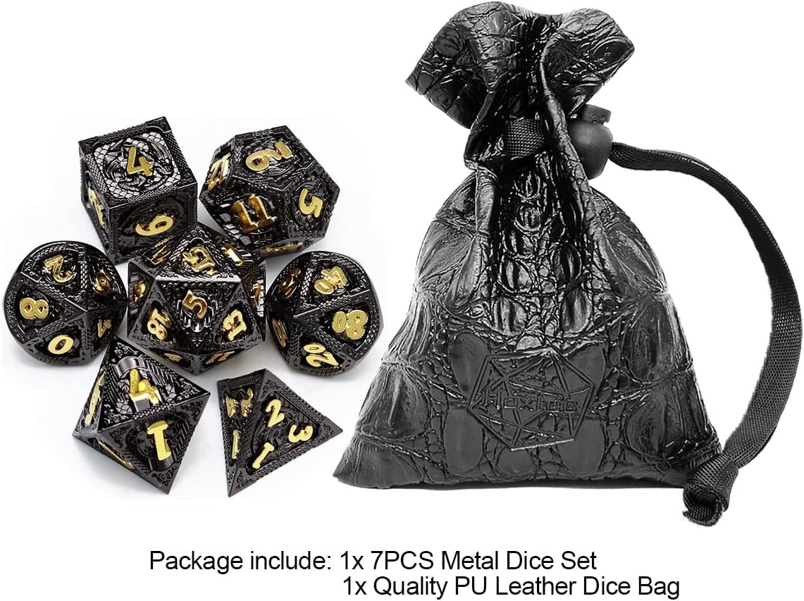 Haxtec Bloodstained Metal DND Dice Set Antique Iron Blood Metal D&D Dice Set Dragon Scale with Leather Dice Bag Bloodsplattered Metal Polyhedral Dice for Dungeons and Dragons TTRPG Gifts