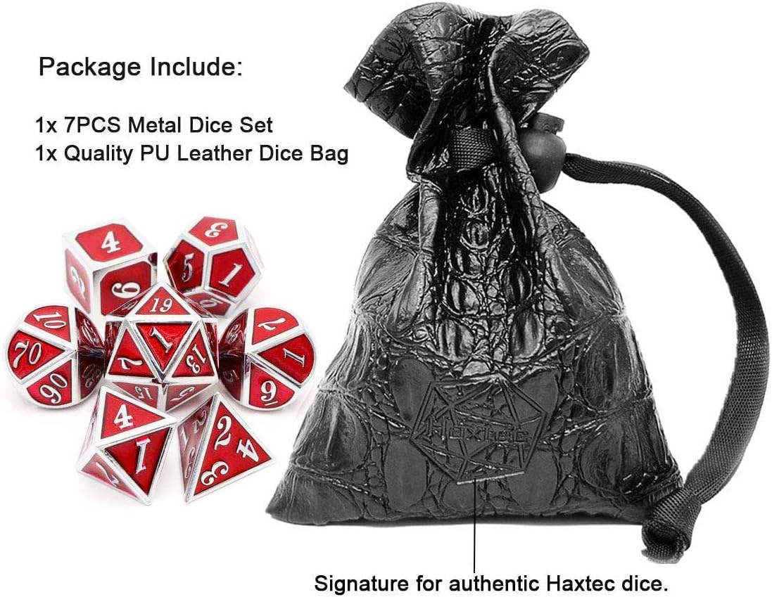 Haxtec Bloodstained Metal DND Dice Set Antique Iron Blood Metal D&D Dice Set Dragon Scale with Leather Dice Bag Bloodsplattered Metal Polyhedral Dice for Dungeons and Dragons TTRPG Gifts