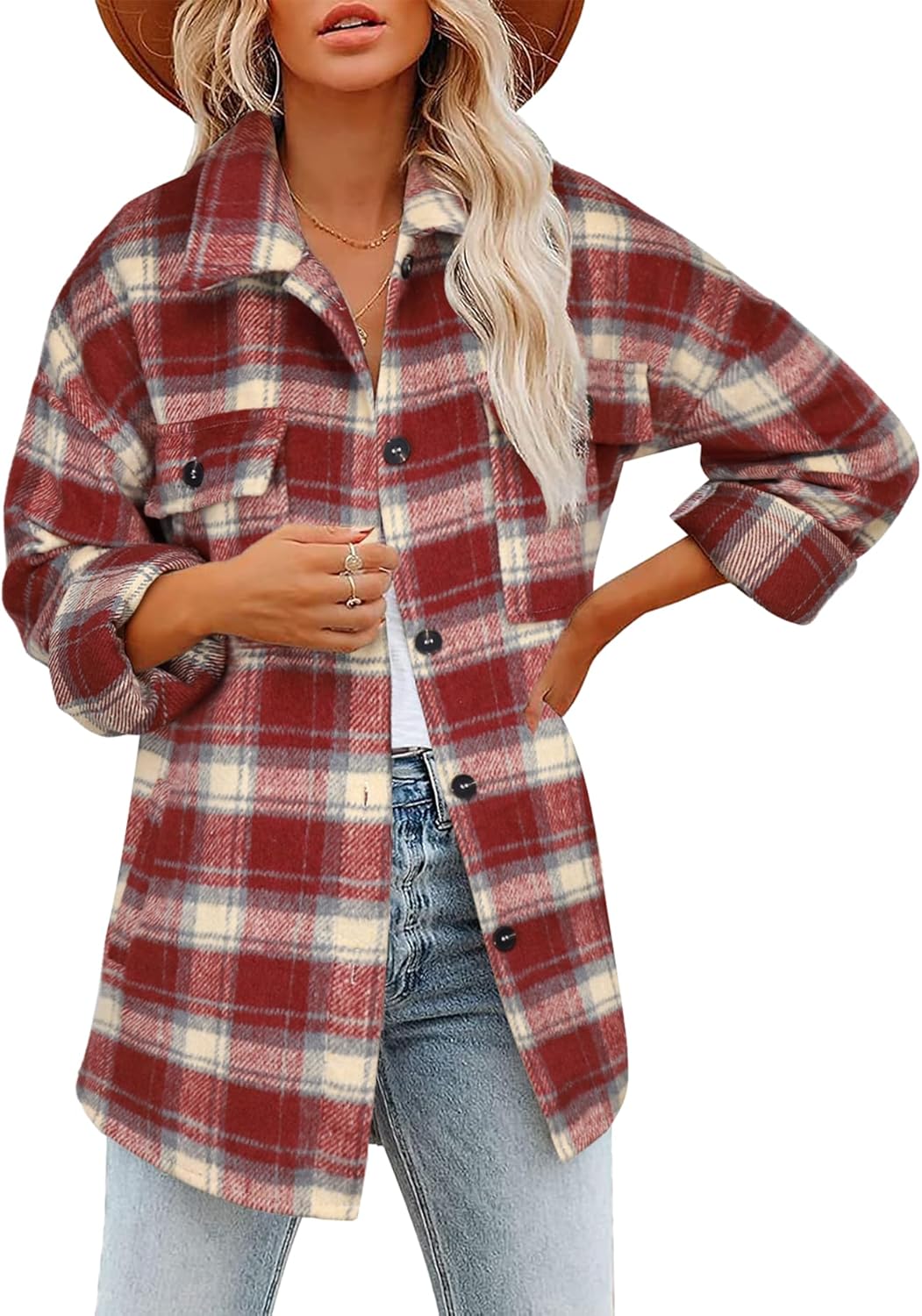 Beaully Women's Flannel Plaid Shacket Long Sleeve Button Down Shirts Jacket Coats with Side Pockets
