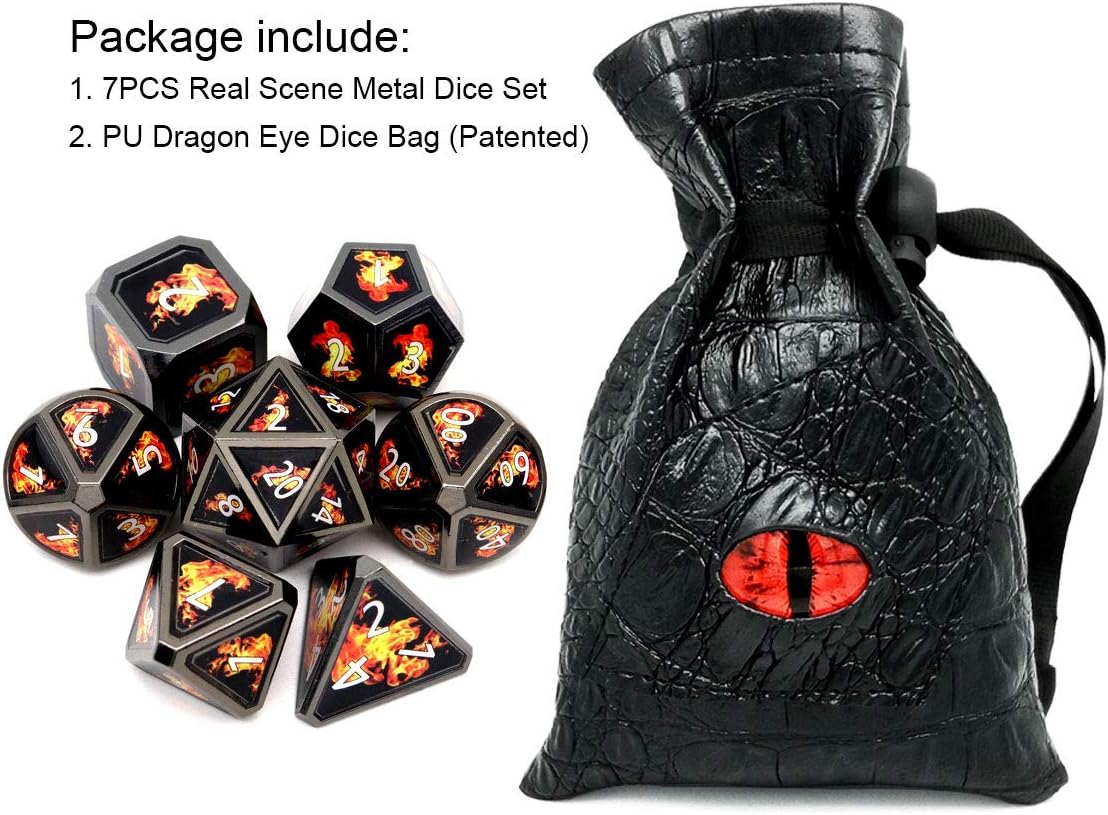 Haxtec Bloodstained Metal DND Dice Set Antique Iron Blood Metal D&D Dice Set Dragon Scale with Leather Dice Bag Bloodsplattered Metal Polyhedral Dice for Dungeons and Dragons TTRPG Gifts