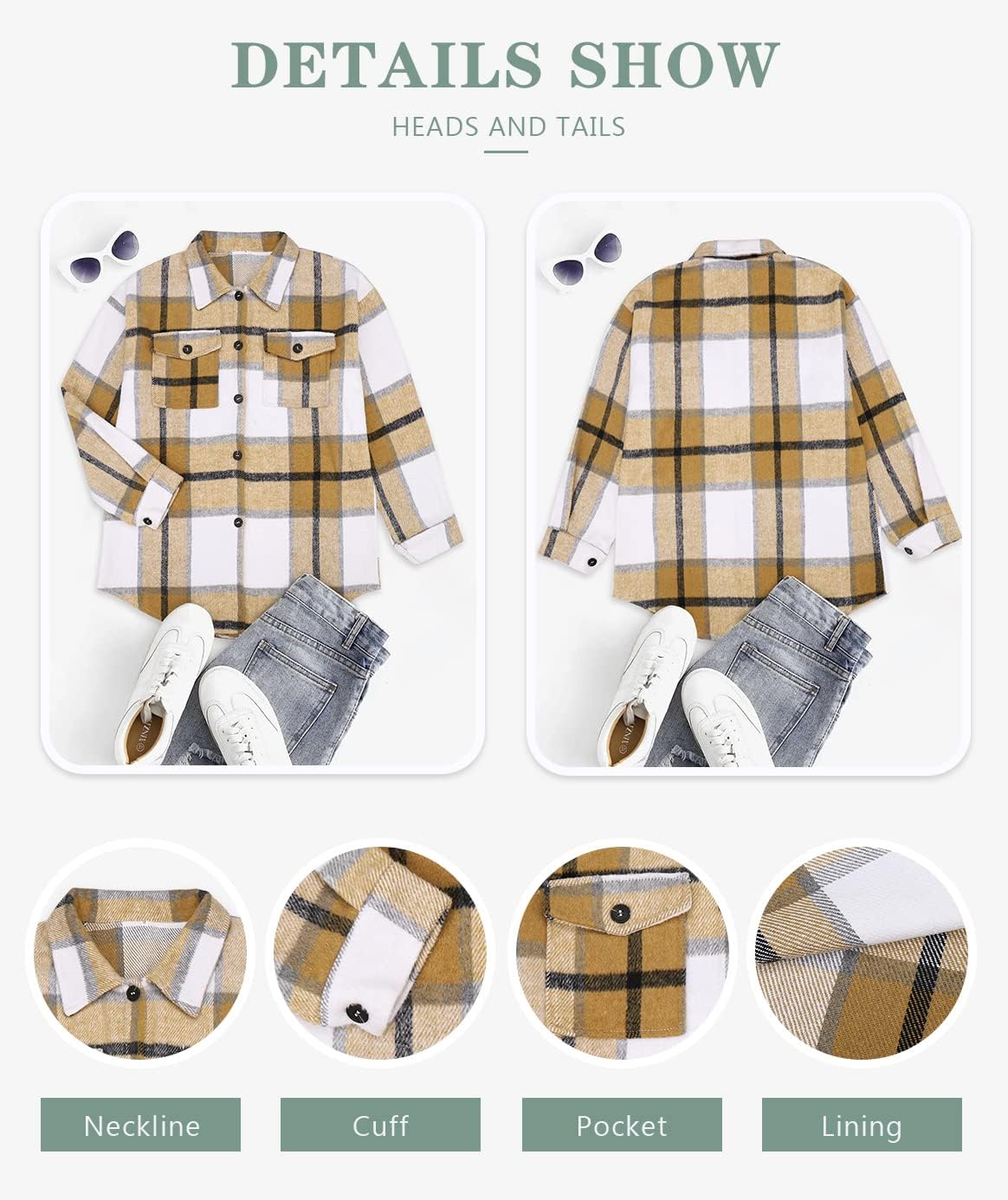 Beaully Women's Flannel Plaid Shacket Long Sleeve Button Down Shirts Jacket Coats with Side Pockets