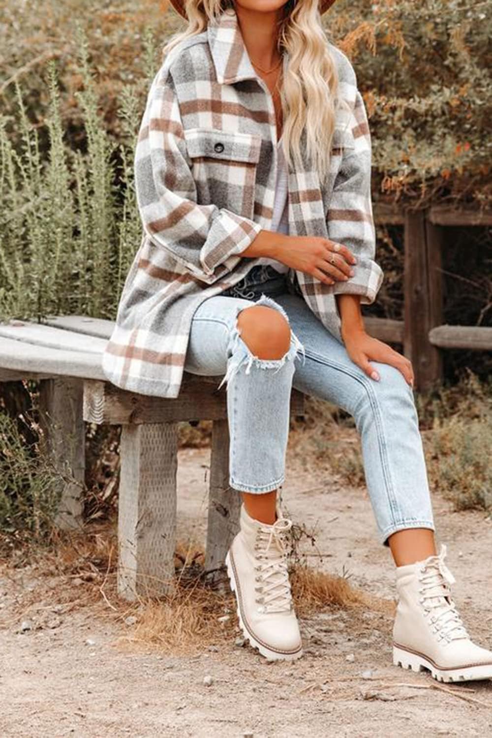 Beaully Women's Flannel Plaid Shacket Long Sleeve Button Down Shirts Jacket Coats with Side Pockets