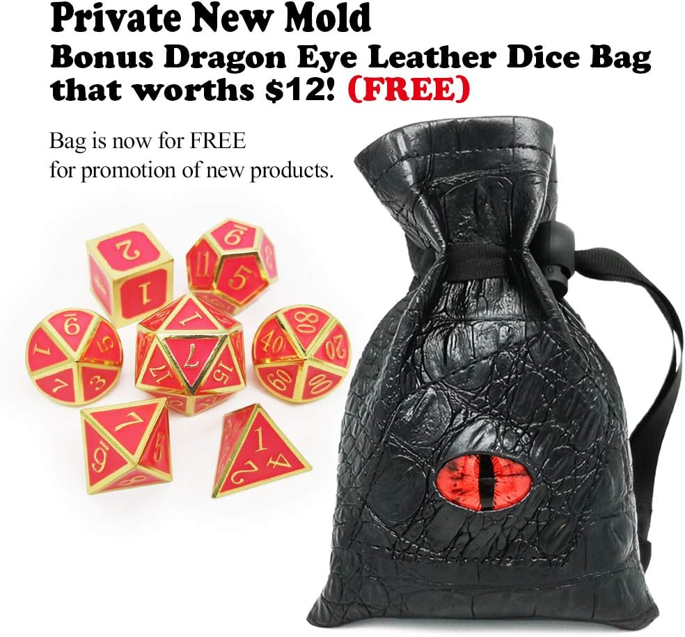 Haxtec Bloodstained Metal DND Dice Set Antique Iron Blood Metal D&D Dice Set Dragon Scale with Leather Dice Bag Bloodsplattered Metal Polyhedral Dice for Dungeons and Dragons TTRPG Gifts