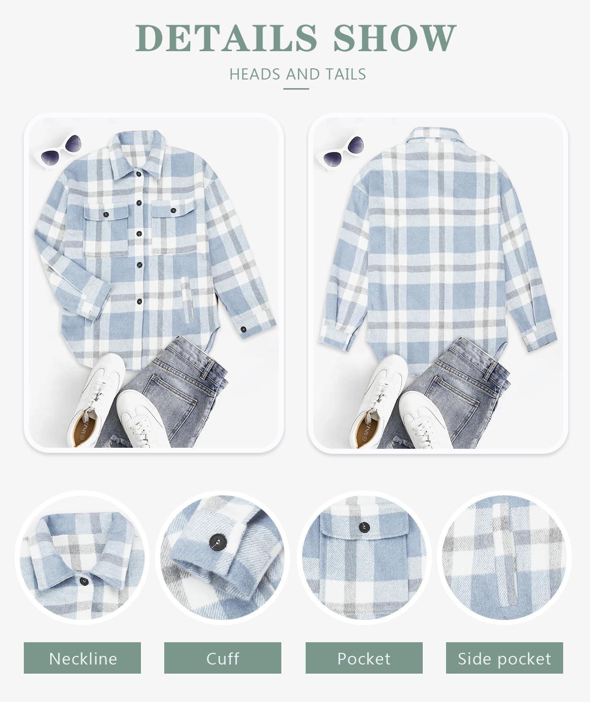 Beaully Women's Flannel Plaid Shacket Long Sleeve Button Down Shirts Jacket Coats with Side Pockets
