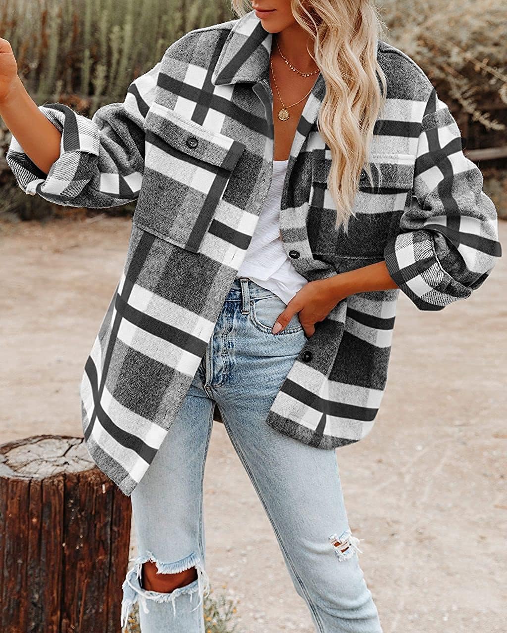 Beaully Women's Flannel Plaid Shacket Long Sleeve Button Down Shirts Jacket Coats with Side Pockets