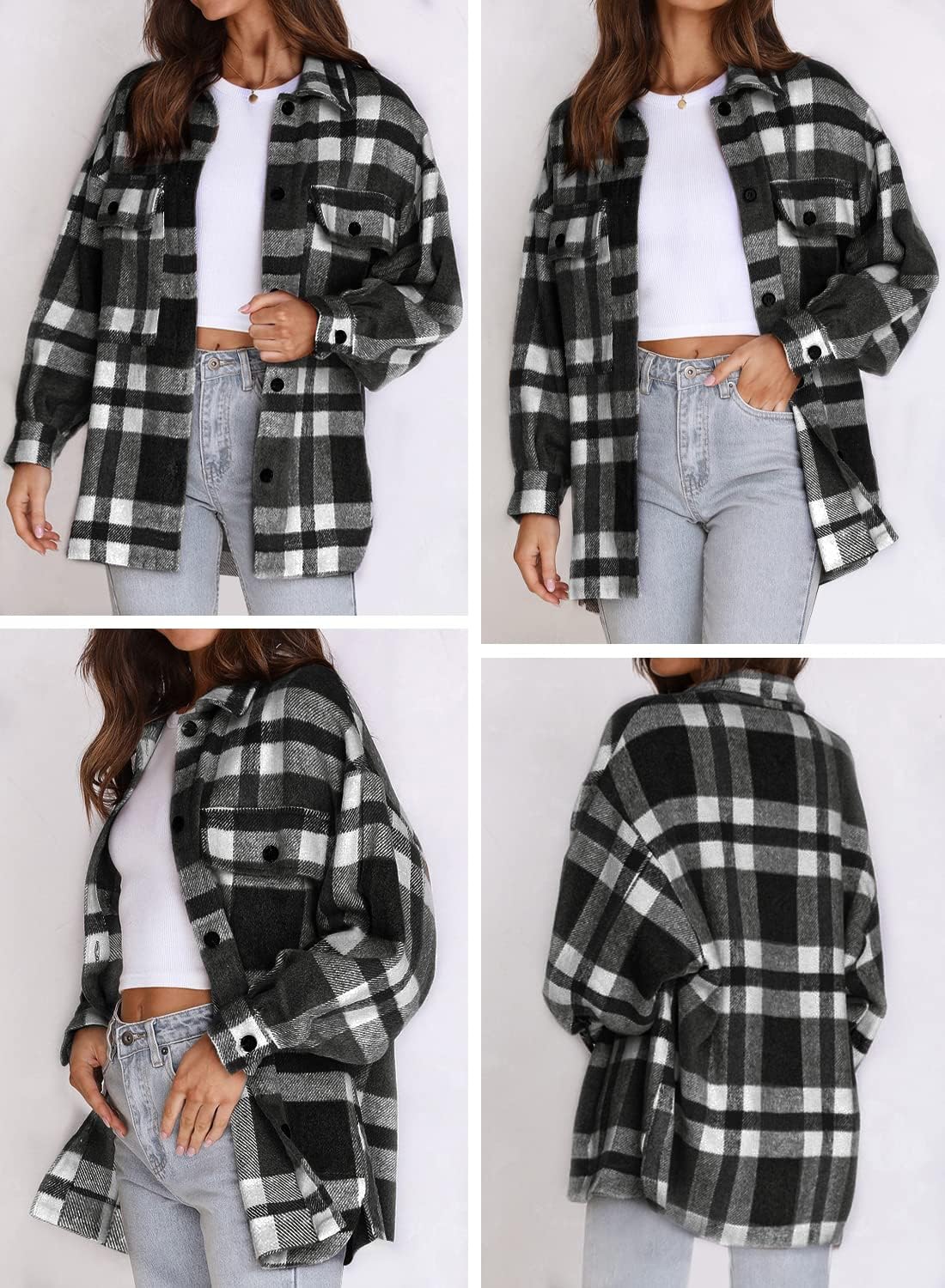 Beaully Women's Flannel Plaid Shacket Long Sleeve Button Down Shirts Jacket Coats with Side Pockets