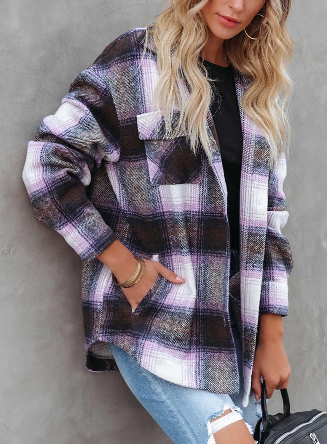 Beaully Women's Flannel Plaid Shacket Long Sleeve Button Down Shirts Jacket Coats with Side Pockets