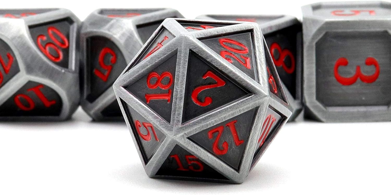 Haxtec Bloodstained Metal DND Dice Set Antique Iron Blood Metal D&D Dice Set Dragon Scale with Leather Dice Bag Bloodsplattered Metal Polyhedral Dice for Dungeons and Dragons TTRPG Gifts