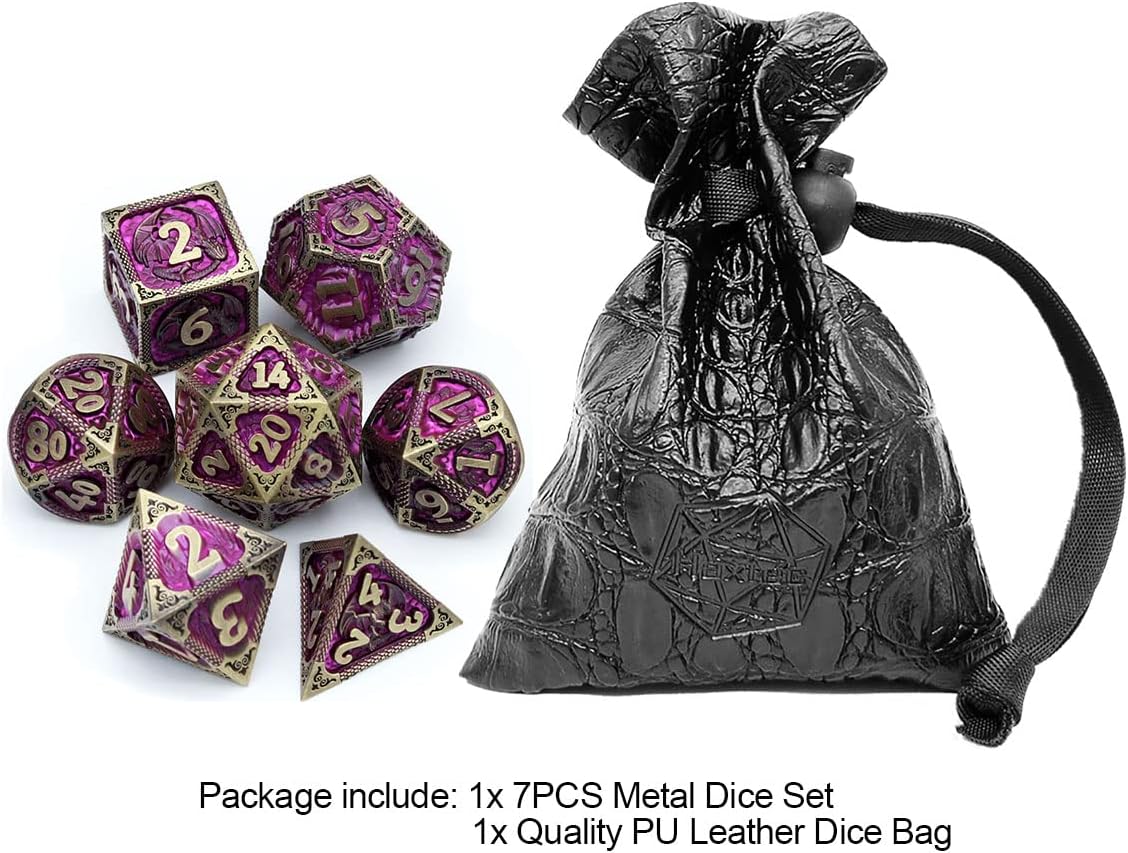 Haxtec Bloodstained Metal DND Dice Set Antique Iron Blood Metal D&D Dice Set Dragon Scale with Leather Dice Bag Bloodsplattered Metal Polyhedral Dice for Dungeons and Dragons TTRPG Gifts