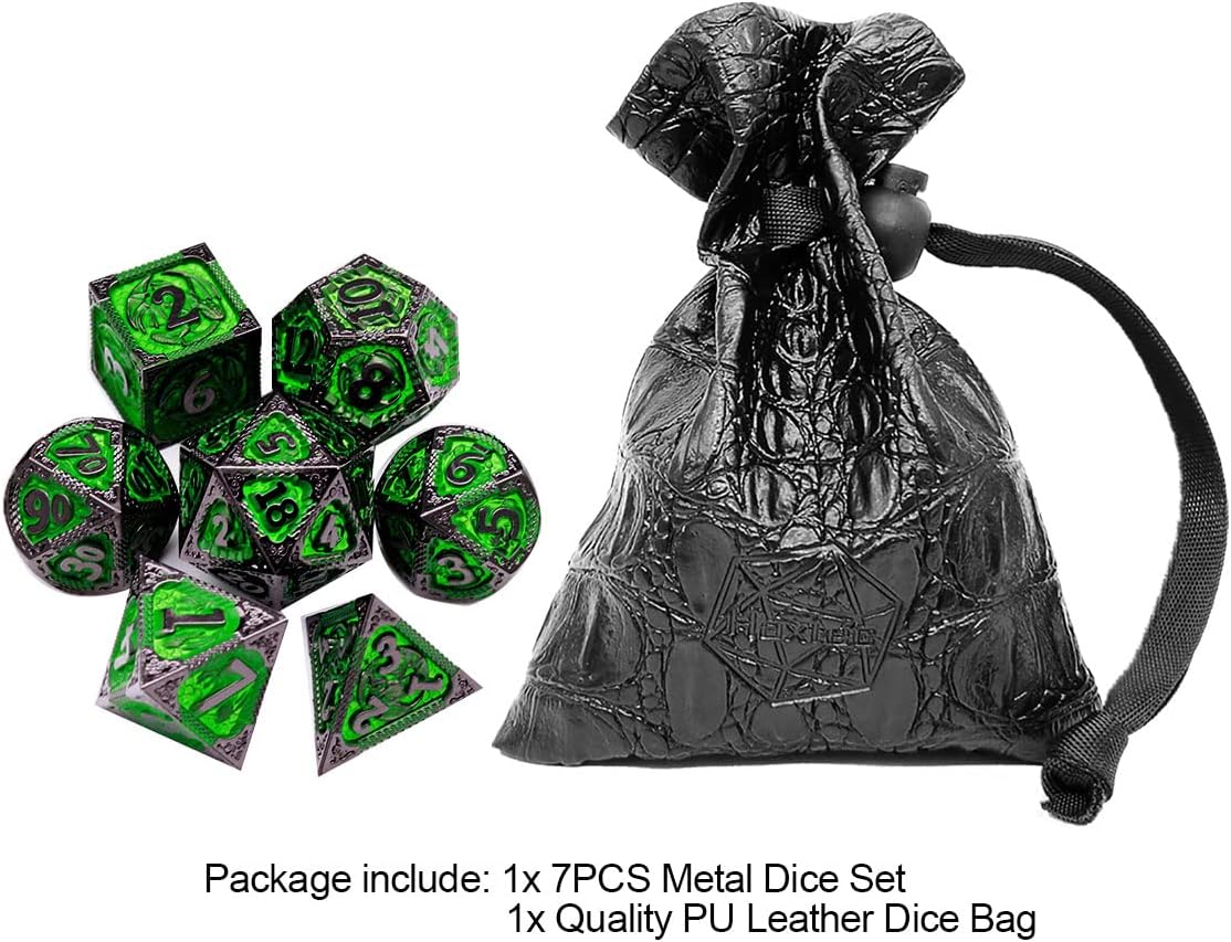 Haxtec Bloodstained Metal DND Dice Set Antique Iron Blood Metal D&D Dice Set Dragon Scale with Leather Dice Bag Bloodsplattered Metal Polyhedral Dice for Dungeons and Dragons TTRPG Gifts