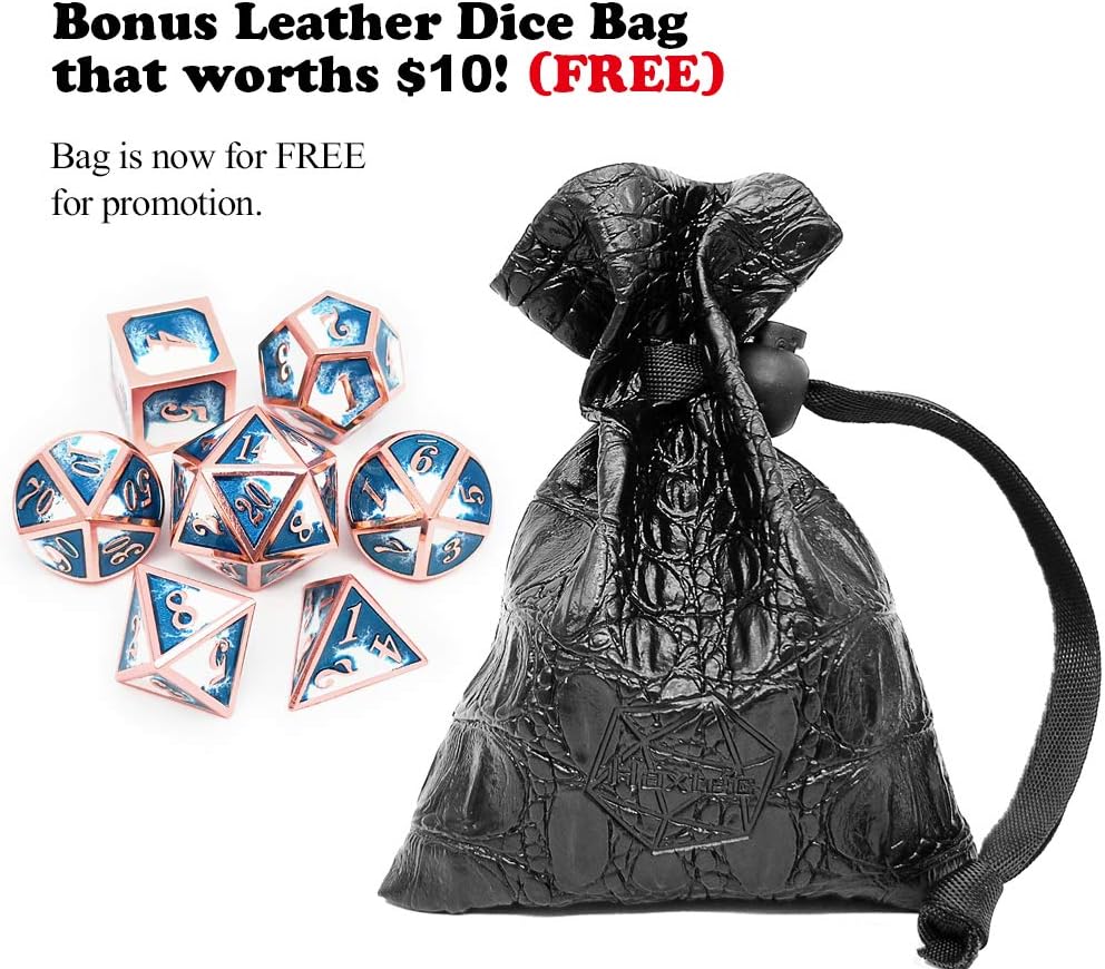 Haxtec Bloodstained Metal DND Dice Set Antique Iron Blood Metal D&D Dice Set Dragon Scale with Leather Dice Bag Bloodsplattered Metal Polyhedral Dice for Dungeons and Dragons TTRPG Gifts