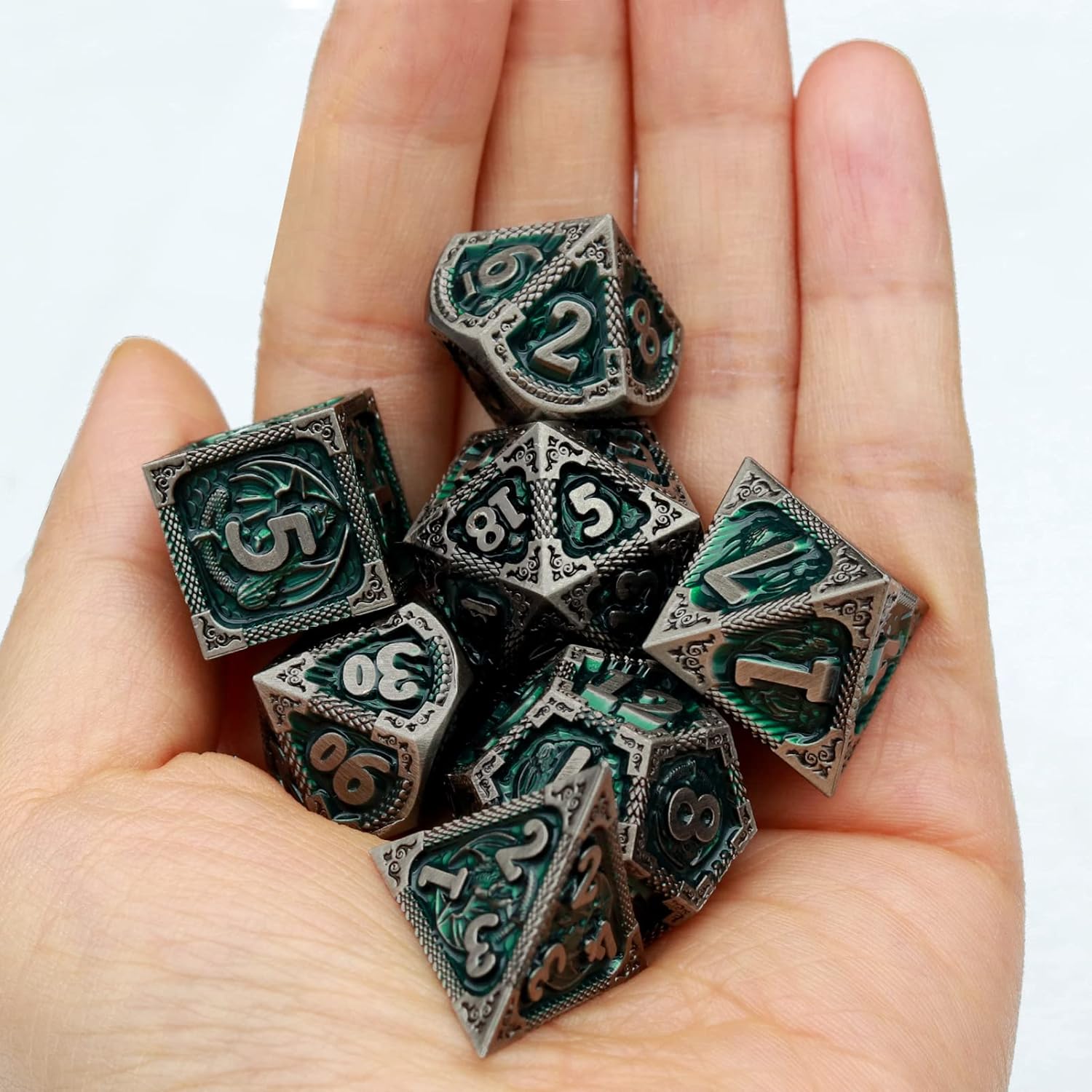 Haxtec Bloodstained Metal DND Dice Set Antique Iron Blood Metal D&D Dice Set Dragon Scale with Leather Dice Bag Bloodsplattered Metal Polyhedral Dice for Dungeons and Dragons TTRPG Gifts