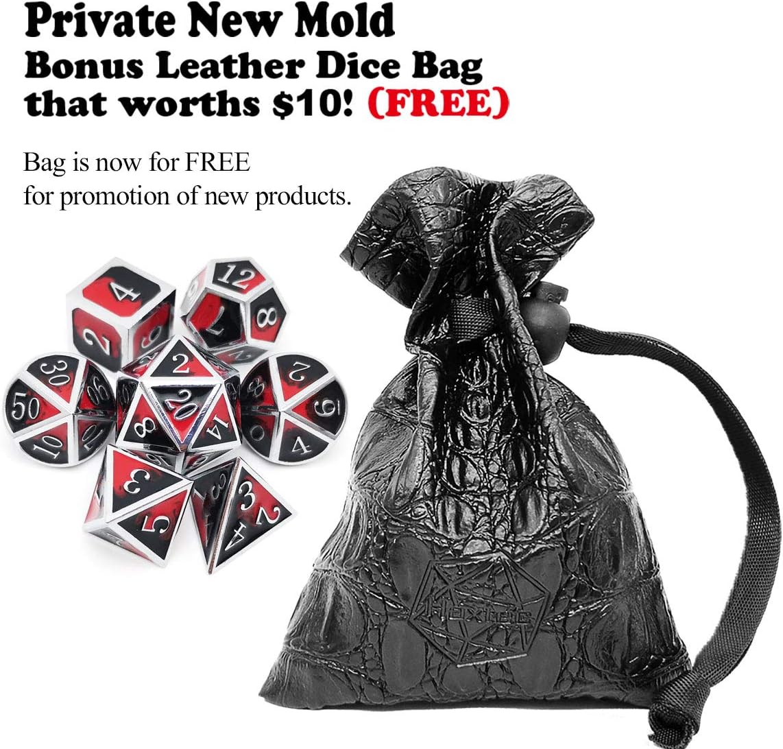 Haxtec Bloodstained Metal DND Dice Set Antique Iron Blood Metal D&D Dice Set Dragon Scale with Leather Dice Bag Bloodsplattered Metal Polyhedral Dice for Dungeons and Dragons TTRPG Gifts