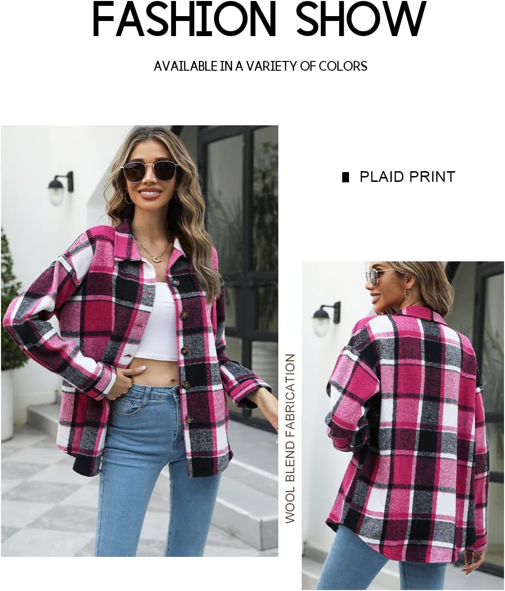 Beaully Women's Flannel Plaid Shacket Long Sleeve Button Down Shirts Jacket Coats with Side Pockets