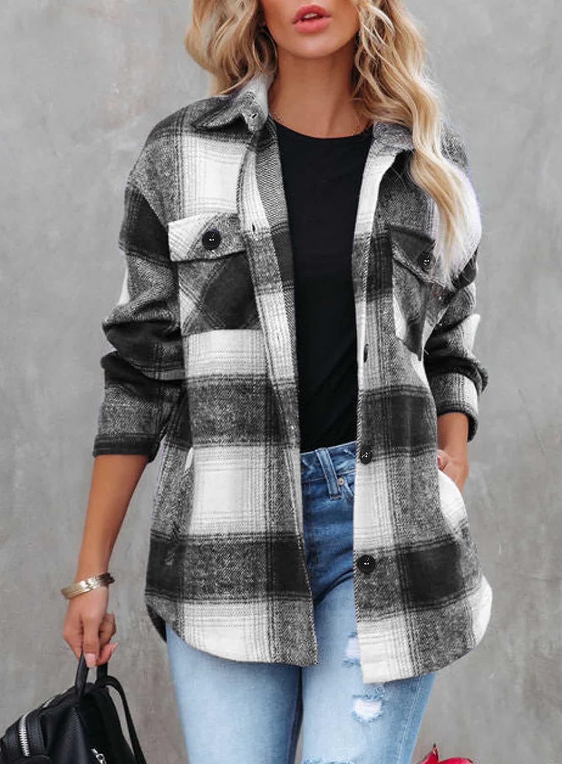 Beaully Women's Flannel Plaid Shacket Long Sleeve Button Down Shirts Jacket Coats with Side Pockets